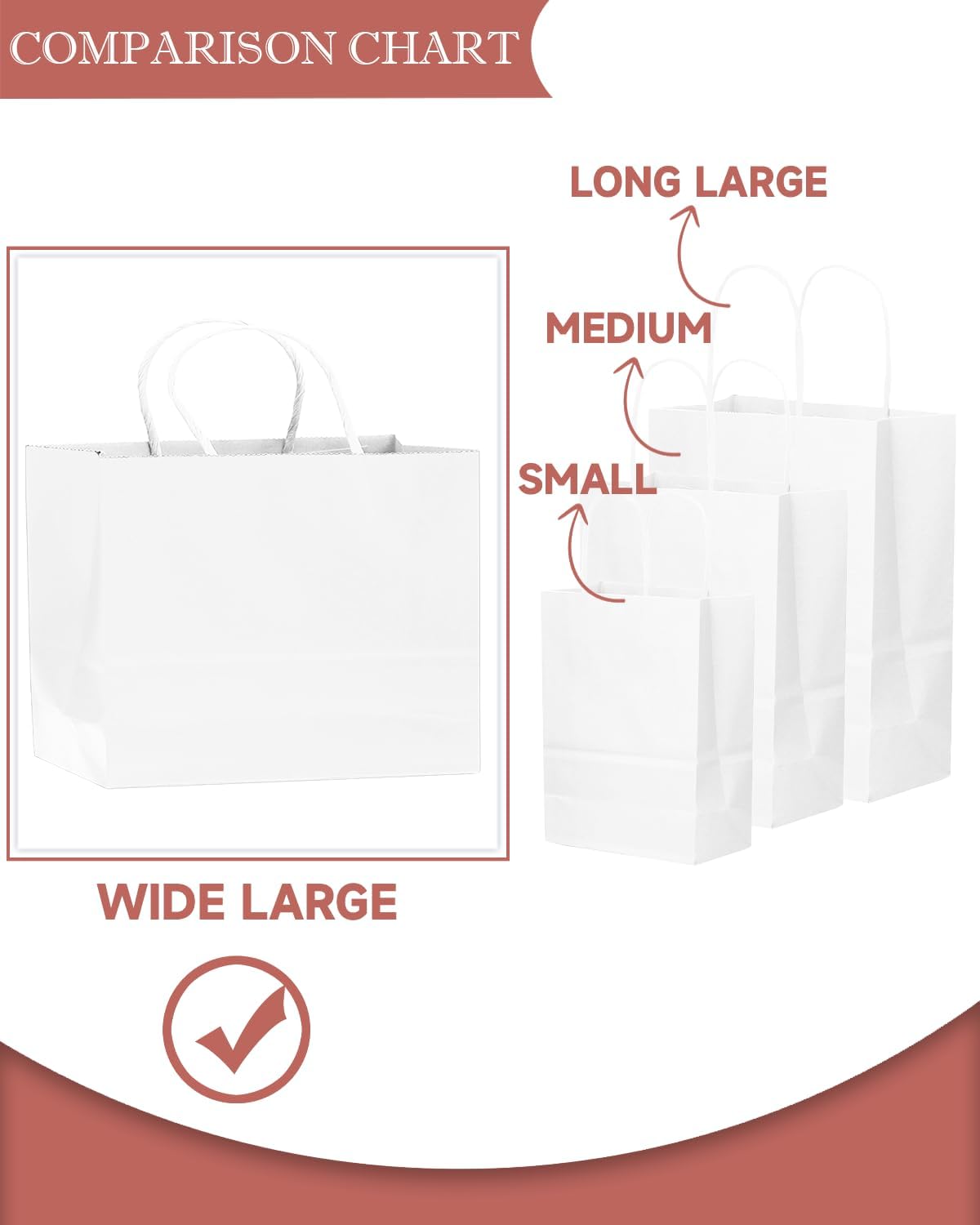 qiqee 50-Packs White Paper Gift Bags with Handles Bulk 12.6"x4.3"x10" Wide Large Size Party Favor Bags Multiple Uses