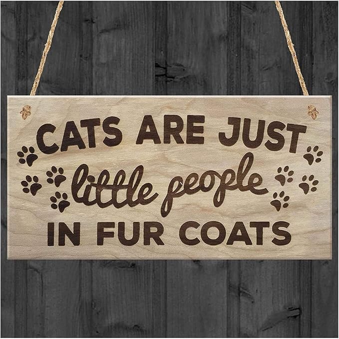 Rustic Wooden Signs Cats are Just Little People in Fur Coats Plaque Wooden Hanging Sign Lover Kitty Lovers Paw Print Gift Sign Wall Art Decor Kitchen Cafe Pub Decor Gift 6x12 INCH