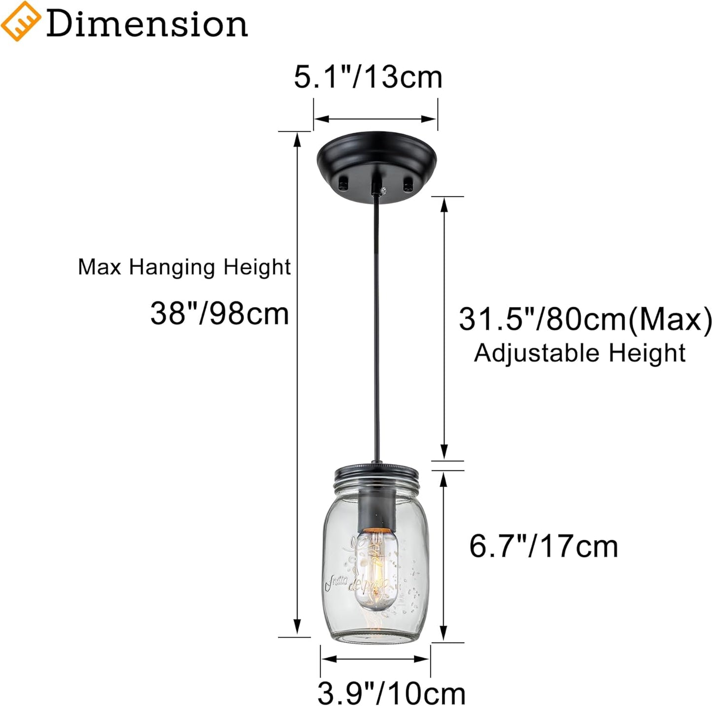 Kitchen Island Light, 1 Lights Adjustable Pendant Lighting, Glass Mason Jar Hanging Lamp(2 Pack)