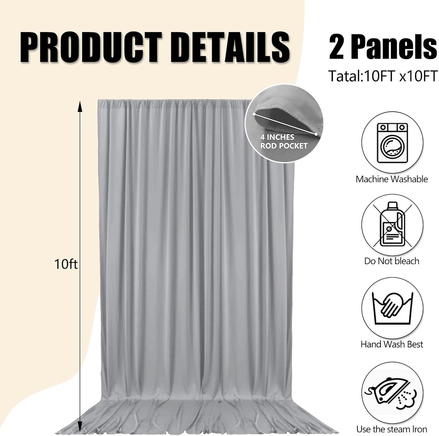 10ft x 10ft Dark Grey Backdrop Curtains for Parties, Fabric Satin Background Curtain with Rod Pockets for Weddings, Birthday, Baby Shower, Photography, Graduation Party Backdrop Drapes, 2 Panels