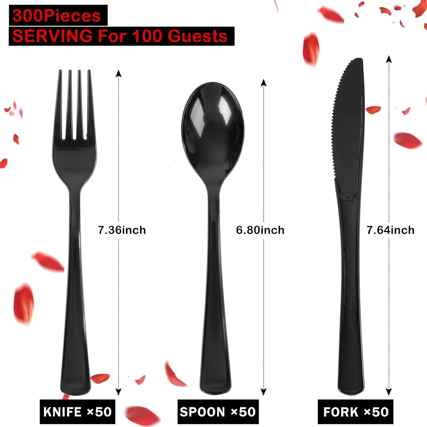 Supernal 300 Pieces Black Plastic Silverware Disposable Cutlery Black Disposable Silverware Heavy Duty Plastic Cutlery Set 100 Forks 100 Knives 100 Spoons for Wedding Party Supplies Everyday Use