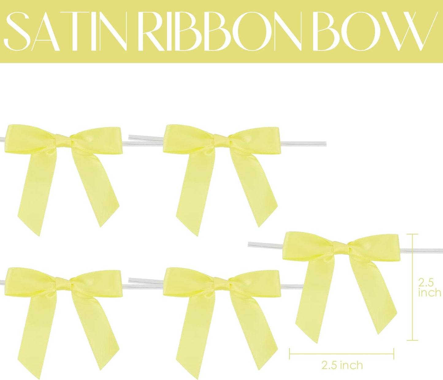 AIMUDI Yellow Bows 2.5" Satin Bows with Twist Tie Premade Craft Bows for Treat Bags Cake Pop Gift Wrapping Basket Wedding Favors Cookie Candy Bagging Baby Shower - 50 Counts