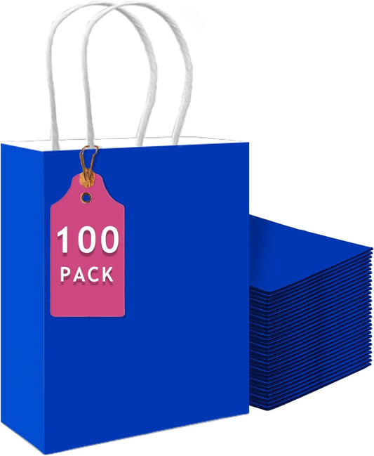 qiqee 100PCS Gift Bag with Handles Bulk Diamond Blue Paper Bags Multiple Uses (13''x5 x10 inch Large Size)