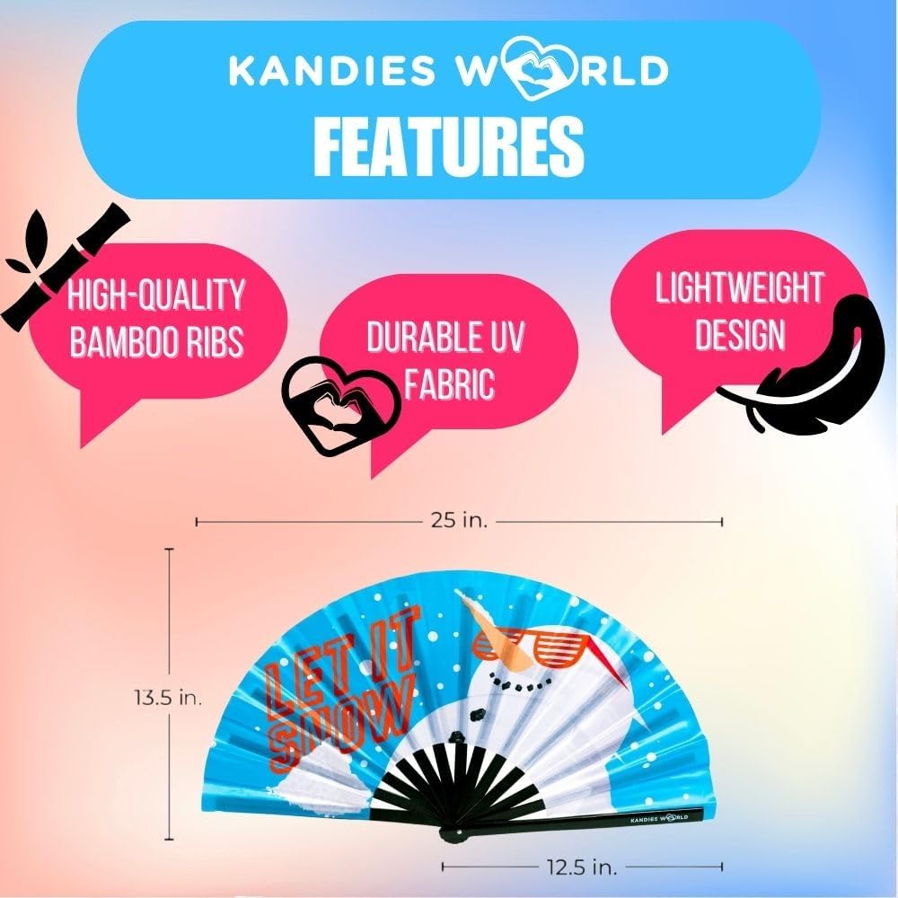 Kandies World UV Reactive Custom Festival Folding Hand Fan - Unique Designs, Made of Bamboo, Clacking Sound, Lightweight - Perfect Rave and Festival Accessory!