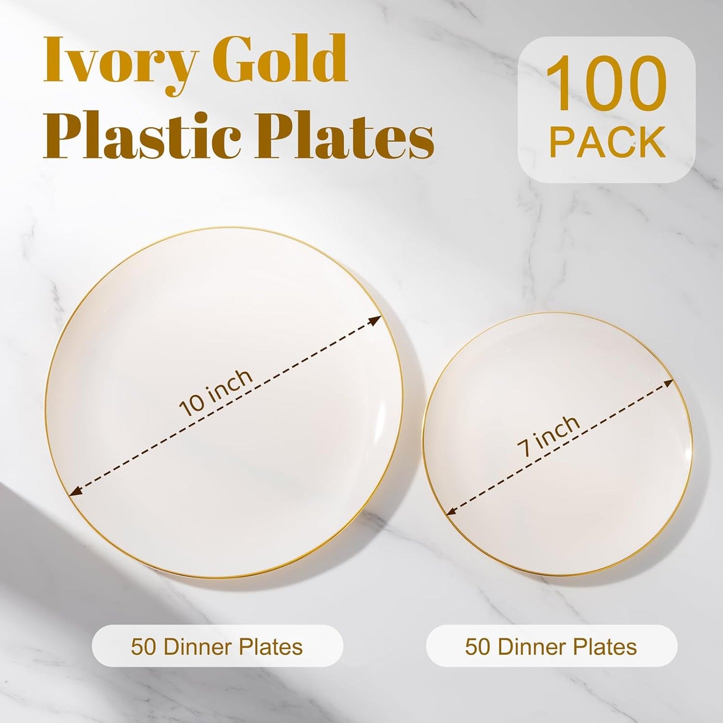 bUCLA 100PCS Ivory Plastic Plates with Gold Rim - Heavy Duty Cream Disposable Include 50 Dinner 10 inch & 50 Dessert 7 inch, for Party & Thanksgiving