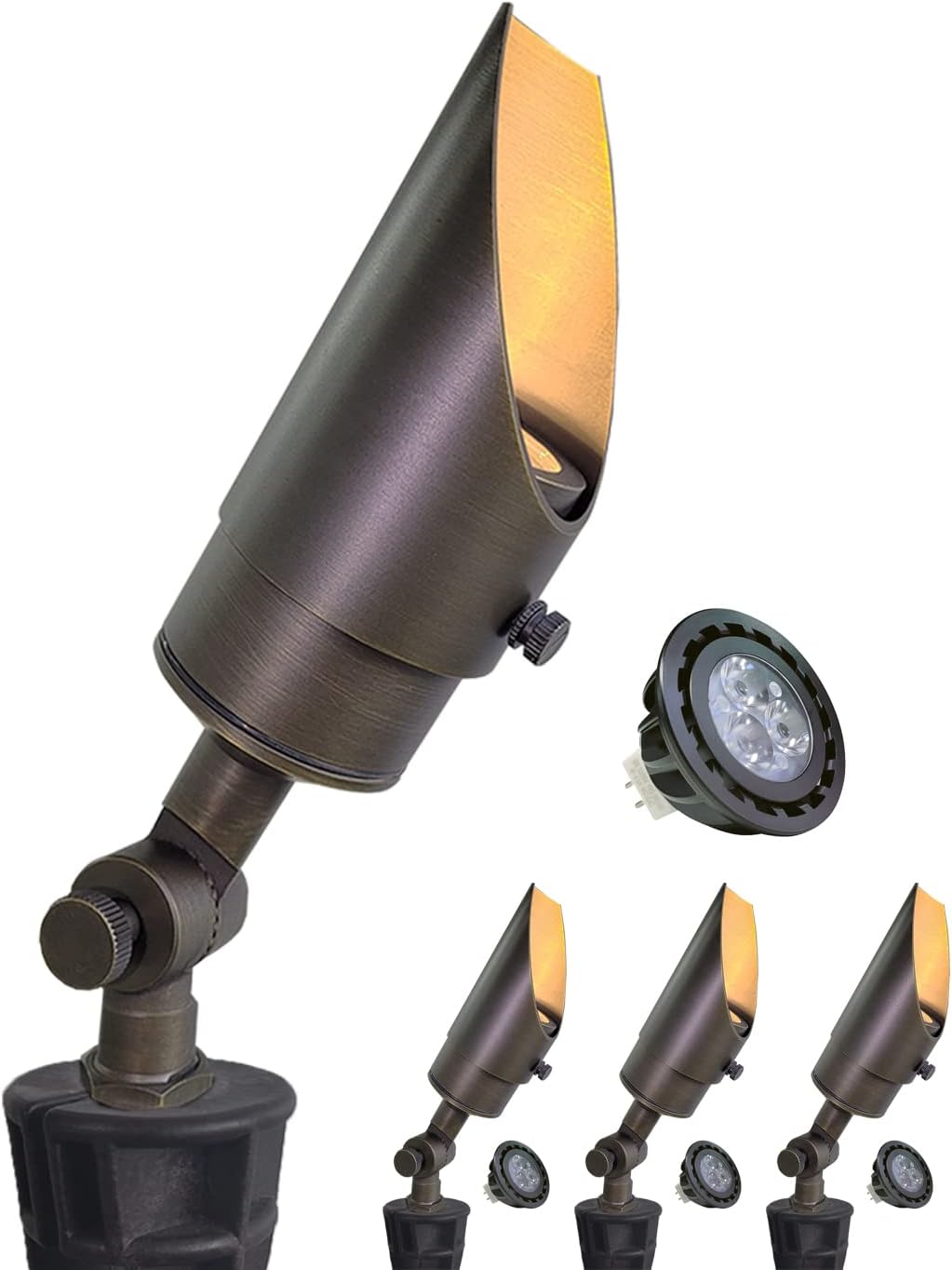 MALORY Brass Landscape Spotlight 4-Pack with MR16 Bulb Kit(S04), Low Voltage 12V AC/DC Shroud Adjustable Outside Yard Lights,PVC Ground Stake and Wire Connector Included, 5W 2700K Warm White
