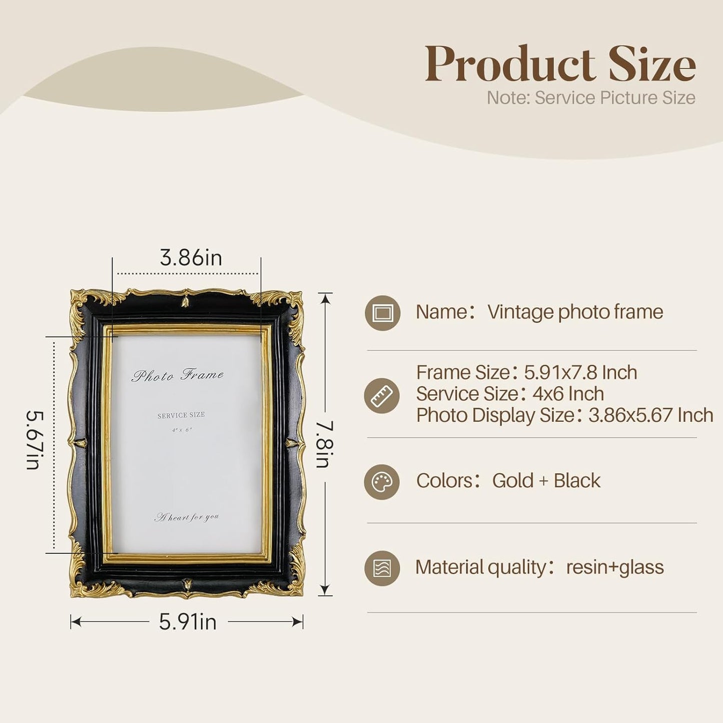 Cuspin 4x6 Picture Frame Black and Gold Vintage Frame, Ornate Textured Hand-Crafted Resin Photo Frame with Glass Front, 4x6 Black Antique Decorative Frames for Wall & Tabletop Home Decor