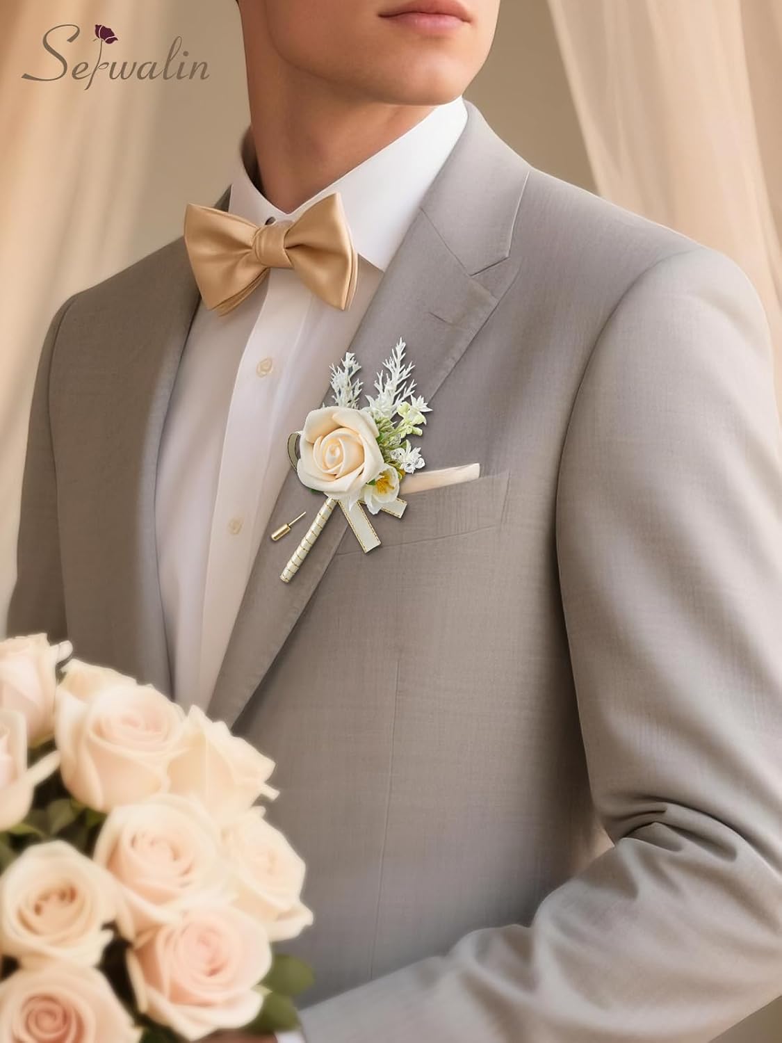 Serwalin 10Pcs Boutonniere for Men Wedding, Champagne Groom and Best Man Boutonniere, Artificial Flowers for Wedding Decor Prom Homecoming Ceremony Anniversary Formal Dinner Party