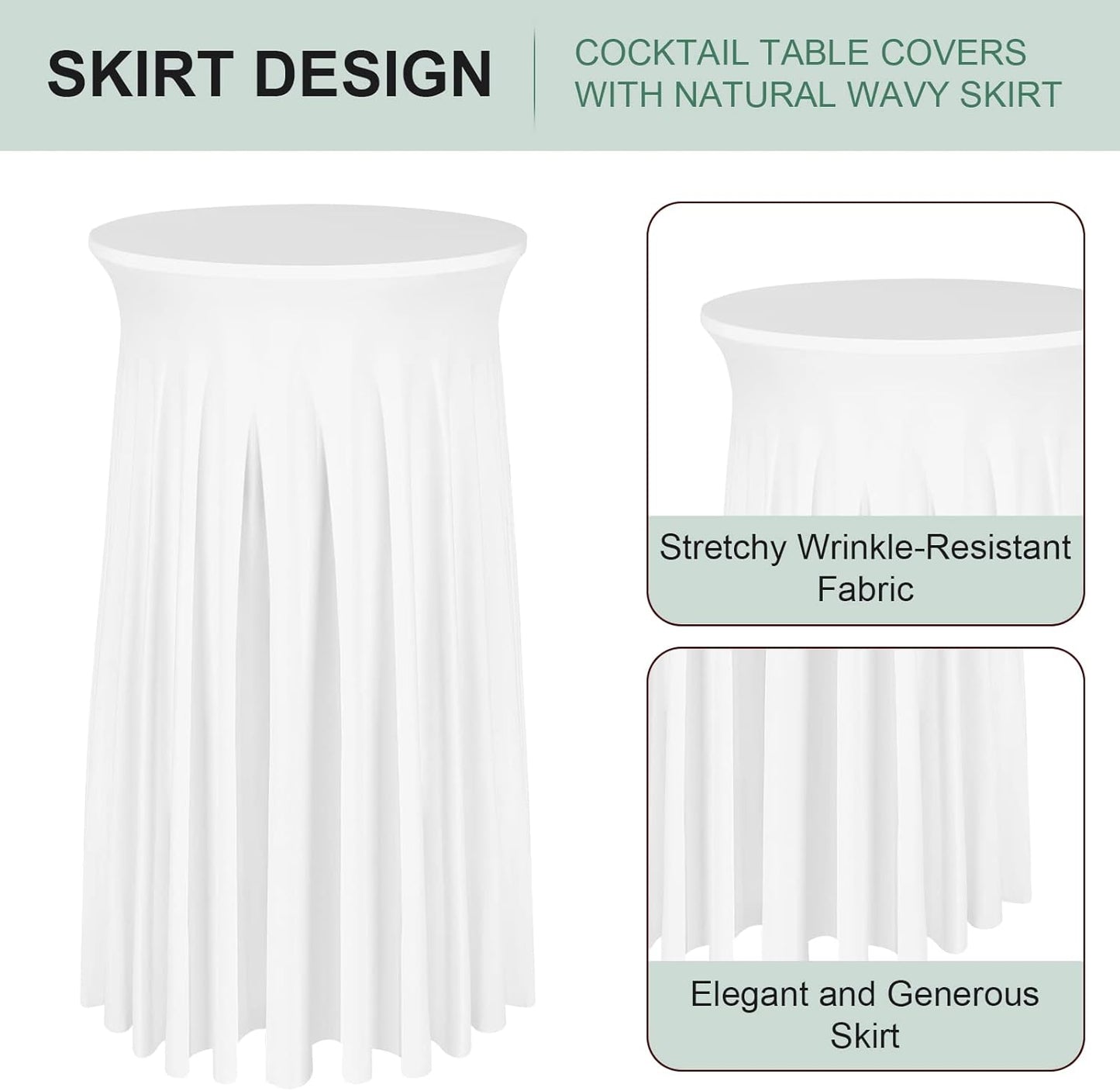 Cocktail Table Covers - 2 Pack 24"x 43" White Cocktail Table Tablecloth with Natural Wavy Round Skirt for Bar Wedding Party Banquet