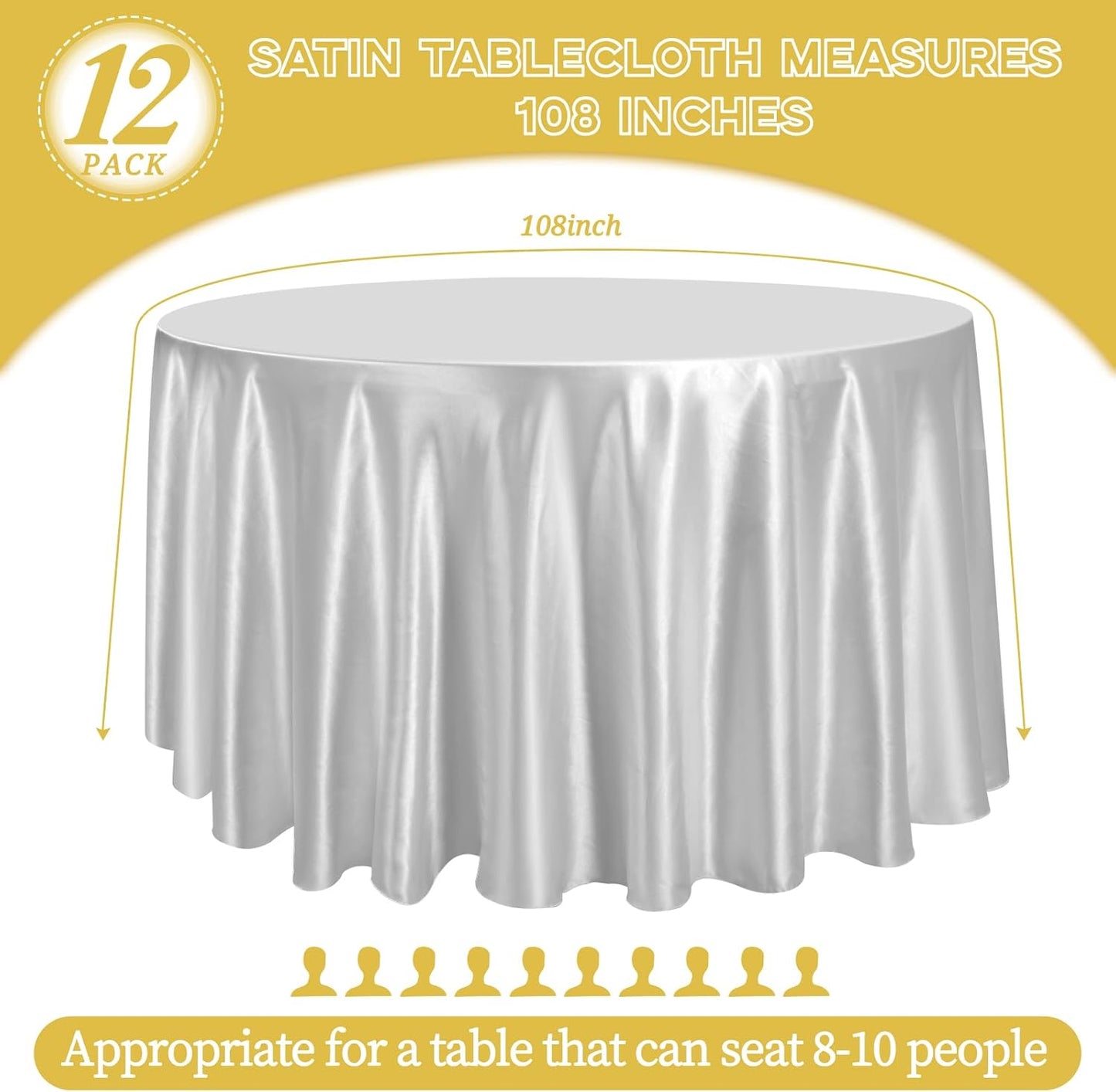 12 Pack 108 Inch Silver Satin Tablecloth - Premium Bright Silky Round Tablecloth Overlay Smooth Fabric Table Cover, Table Decoration for Wedding Party Banquet Events Restaurant Kitchen Dining