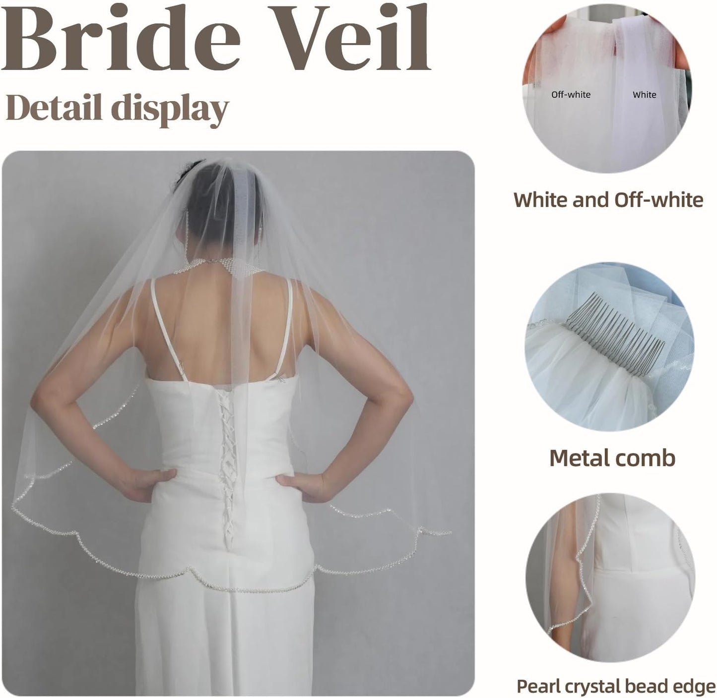 Bridal Veils Pearls and Crystals Beaded Edge Fingertip Length Wedding Veil for Women