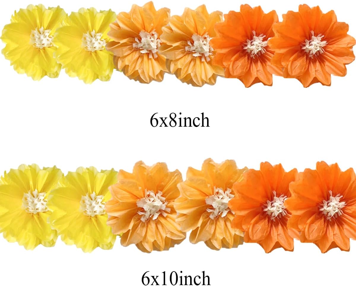 12pcs 8in 10in Paper Flowers Tissue Flowers Pom Paper Pom Poms Hanging Paper Flowers Wall Backdrop Wedding Party Flower Decorations DIY Art Craft Blooms for Birthday Baby Shower Decor Yellow Orange