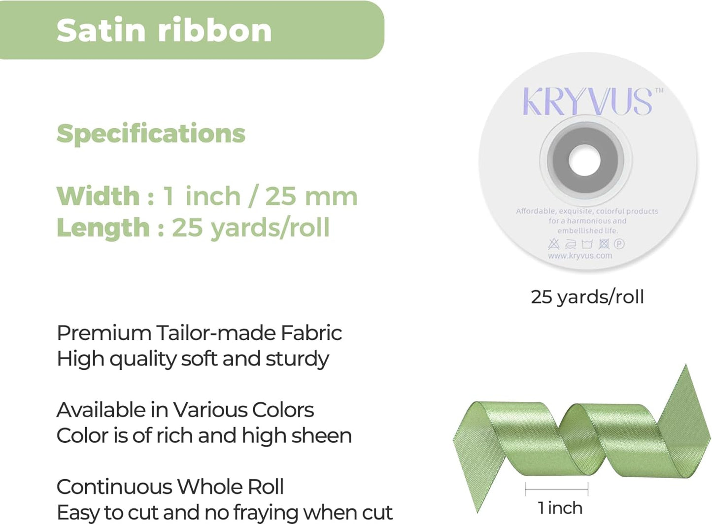 Sage Green Satin Ribbon 1 inch X Continuous 25 Yards, Single Face Polyester Ribbon Perfect for Gift Wrapping, Flower Bouquet, Wedding Decor, Crafts, Bow Making, Sewing and More