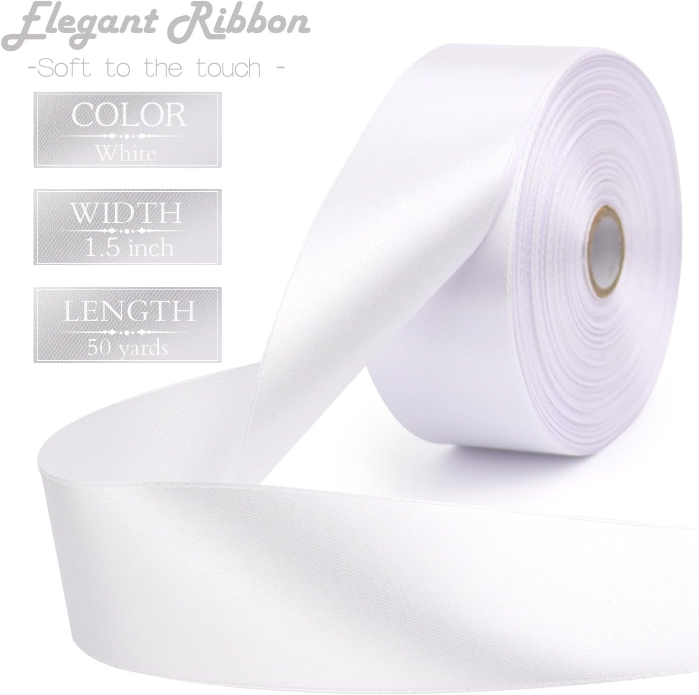White Solid Satin Ribbon 1-1/2 Inch 50 Yards Solid Polyester Fabric Ribbon for Gift Wrapping Wedding Christmas Baby Shower Birthday Party Decoration Handmade Immortal Flower Craft