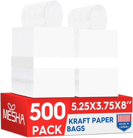MESHA Gift Paper Bags 500 PACK 5.25x3.75x8'' White Small Shopping Kraft Bags Bulk with Handles Reusable for Business Grocery Birthday Wedding Kids Party Favors(Made in USA)