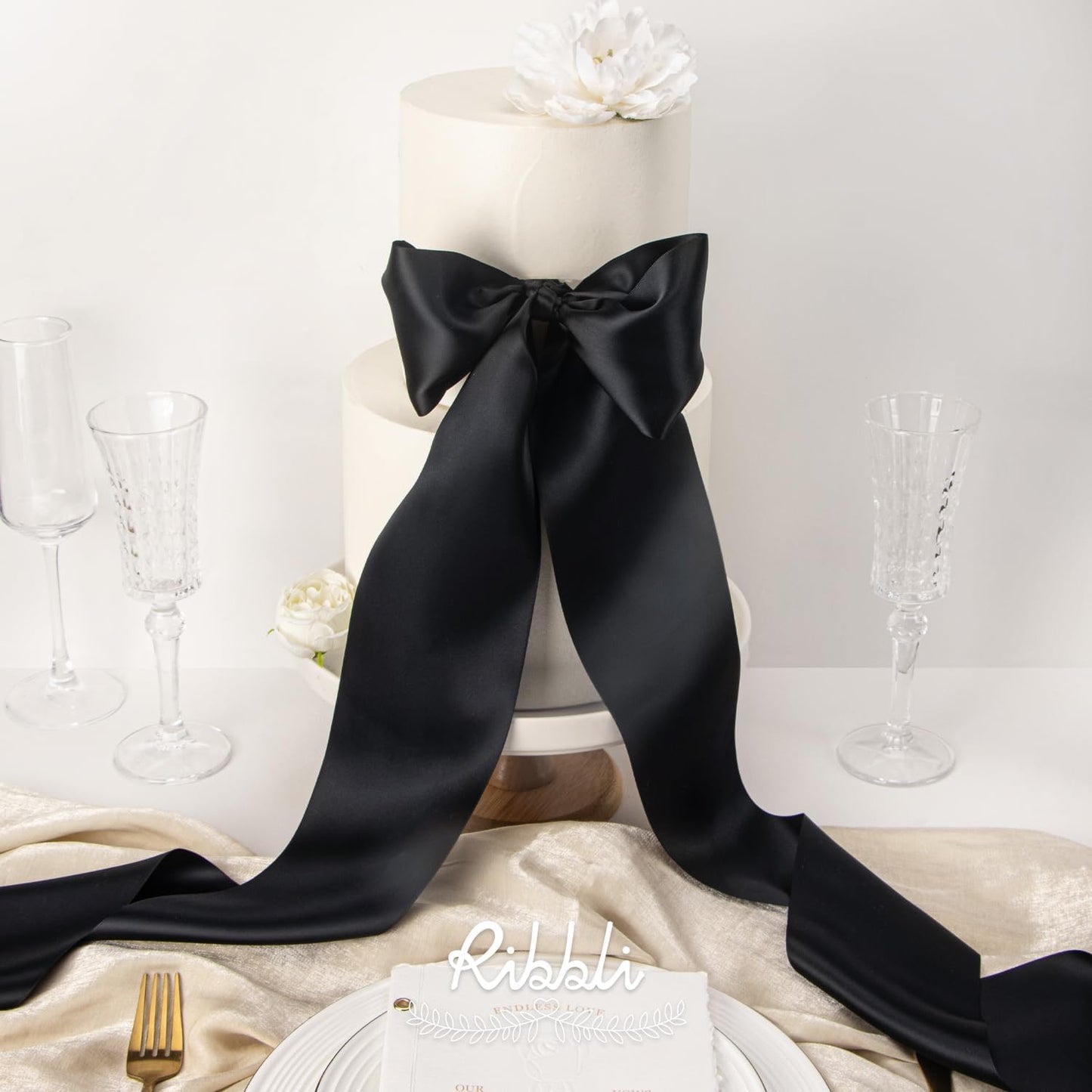 Ribbli Black Satin Ribbon 4 Inch Wide Black Ribbon for Wedding Chair Sash Grand Opening Ceremony Big Bows Gift Wrapping Floral Crafts Cake Decor-Double Faced Satin Continuous 10 Yards