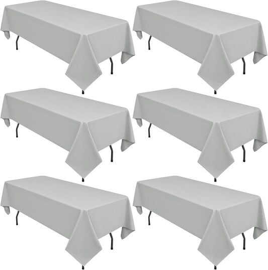 6 Pack Light Grey Rectangular Tablecloths, 60 x 126 Inch, Polyester/Fabric, Wrinkle & Stain Resistant, Classic Style, Perfect for 8ft Tables, Weddings, Banquets, Parties