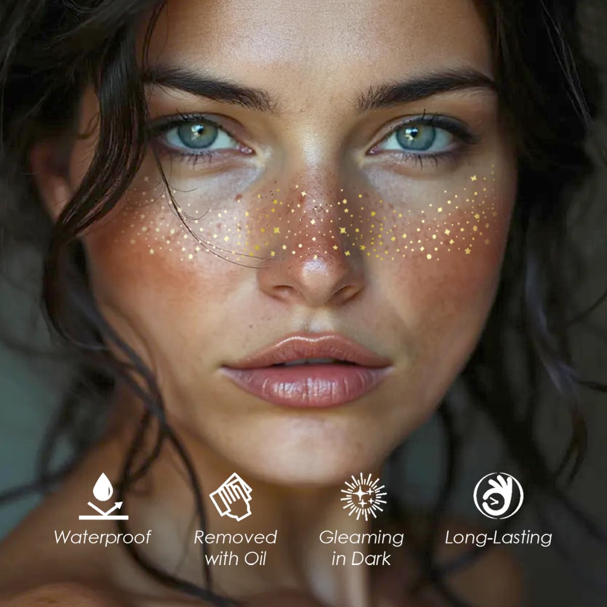Glitter Freckles, 24PCS Glitter Freckles Face Tattoo, Sparkle Freckles for Women, Waterproof Gold Temporary Face Tattoos Glitter Glow Up Patches Makeup Patches (Gold & Rosegold)