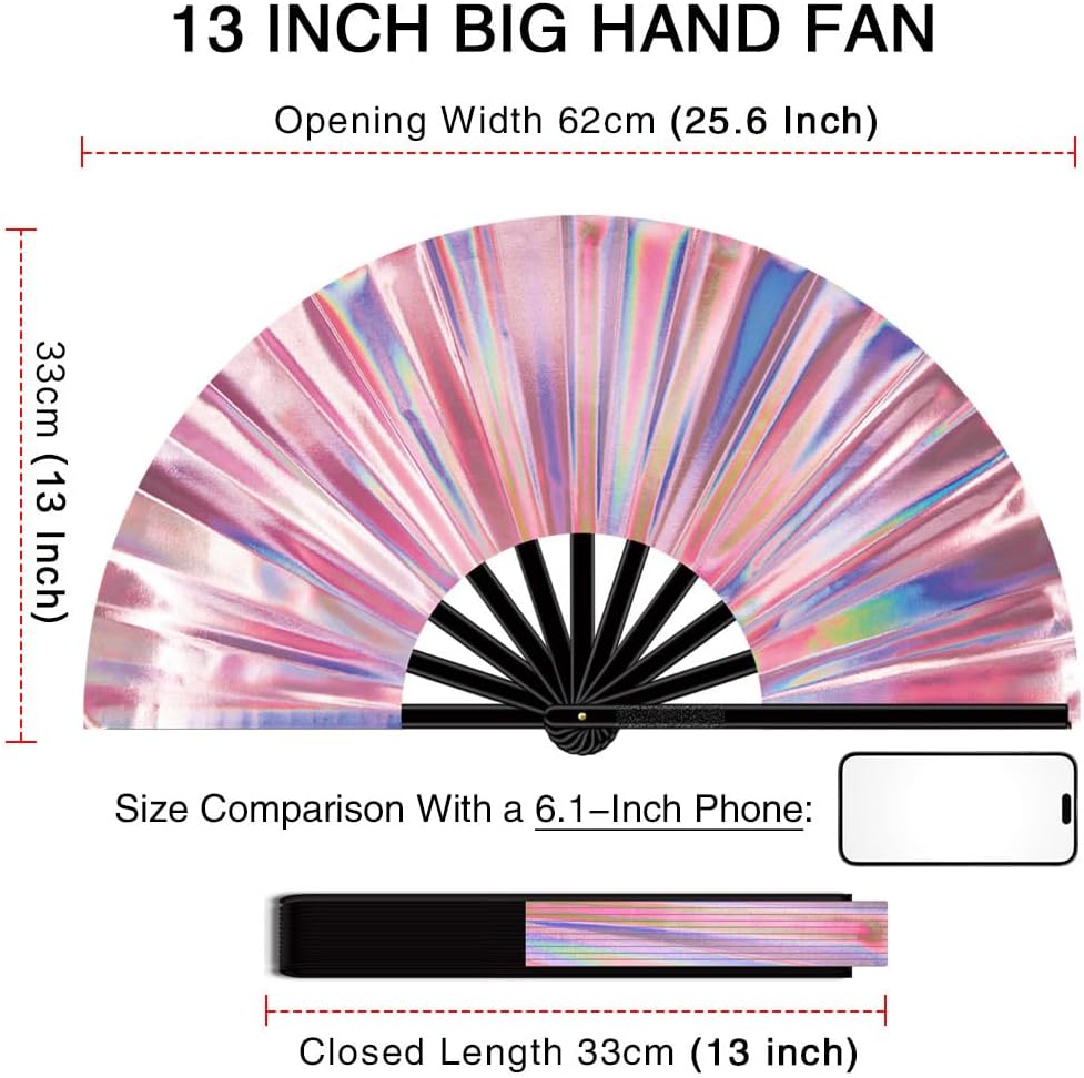 13" Large Folding Rave Fan with Holster, Clack Hand Fans Foldable for Line Dancing, Boots On The Ground Fan for Women Men Festival EDM Party Decoration, Holographic Pink 2 Pack