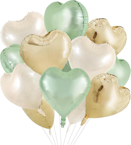 TONIFUL 15Pcs Sage Green Gold Heart Balloons 18 Inch Green Cream White Heart Shape Foil Mylar Balloons Decoration for Jungle Woodland Birthday Party Baby Shower Supplies