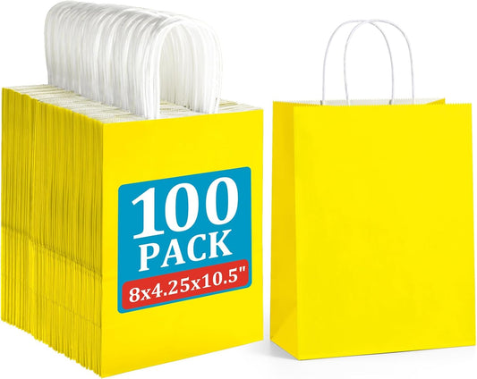 BagDream 8x4.25x10.5 Inch 100Pcs Yellow Gift Bags Medium, Kraft Paper Bags with Handles Bulk for Welcome Party Favors, Baby Shower, Goody, Treat, Retail, Grocery Paper Sacks