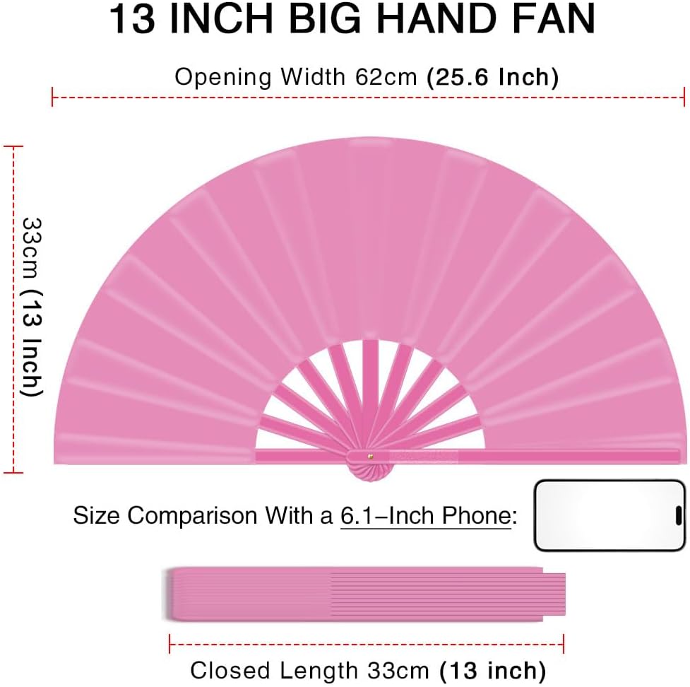 13" Large Folding Rave Fan with Holster, Clack Hand Fans Foldable for Line Dancing, Boots On The Ground Fan for Women Men Festival EDM Party Decoration, Pink 2 Pack