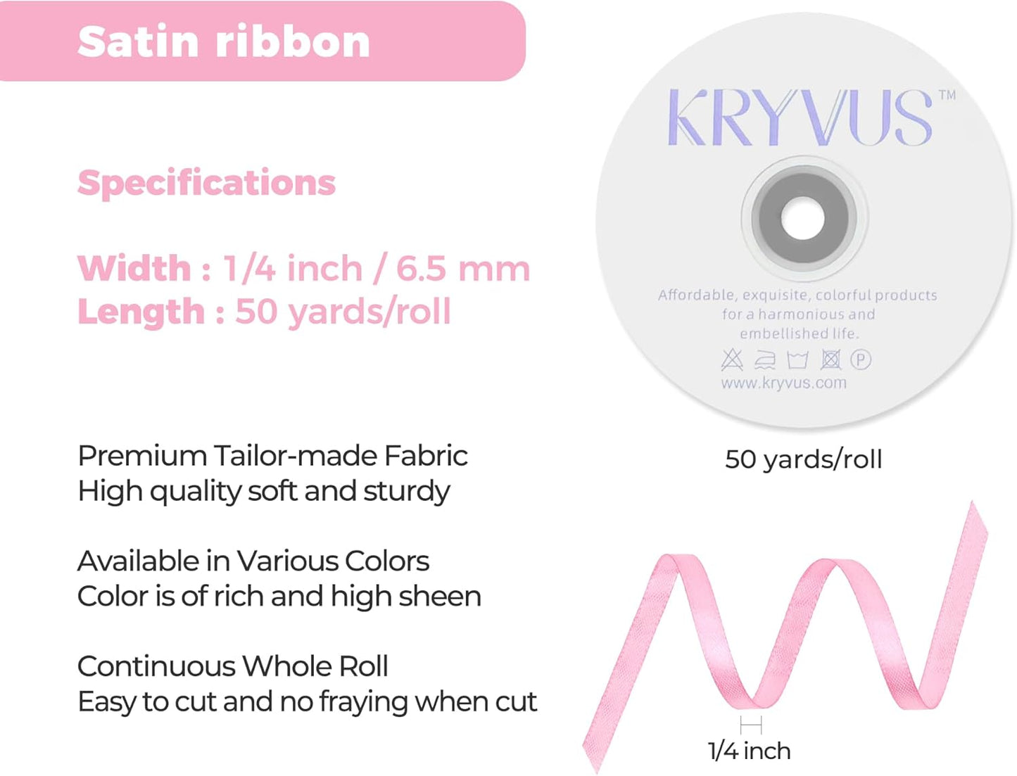 Rose Pink Satin Ribbon 1/4 inch X Continuous 50 Yards, Single Face Polyester Ribbon Perfect for Gift Wrapping, Flower Bouquet, Wedding Decor, Crafts, Bow Making, Sewing and More