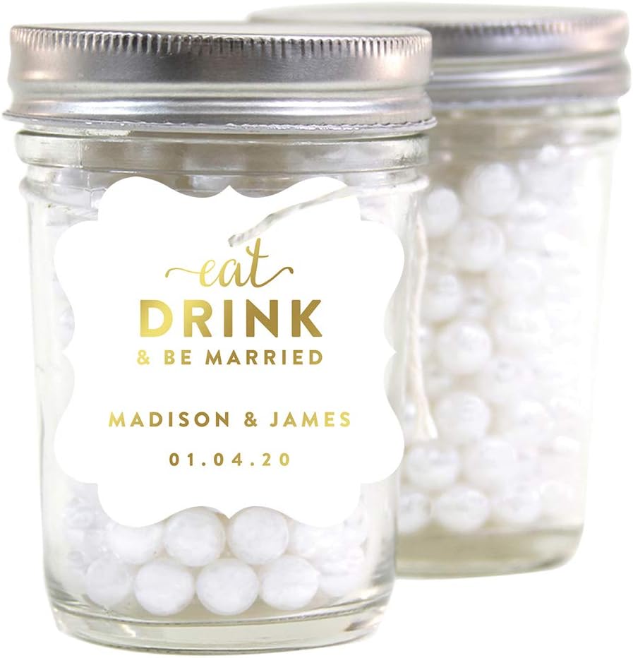 Andaz Press Personalized Fancy Frame Square Wedding Gift Tags, Metallic Gold Ink, Eat Drink and Be Married, 24-Pack, Custom Made Any Name