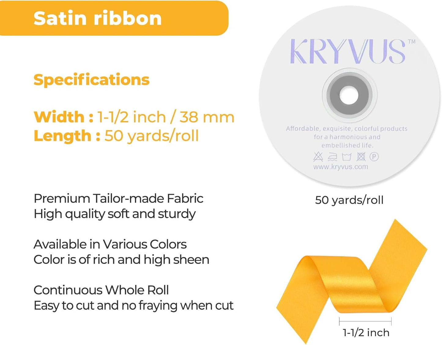 Yellow Satin Ribbon 1-1/2 inch X Continuous 50 Yards, Single Face Polyester Ribbon Perfect for Gift Wrapping, Flower Bouquet, Wedding Decor, Crafts, Bow Making, Sewing and More