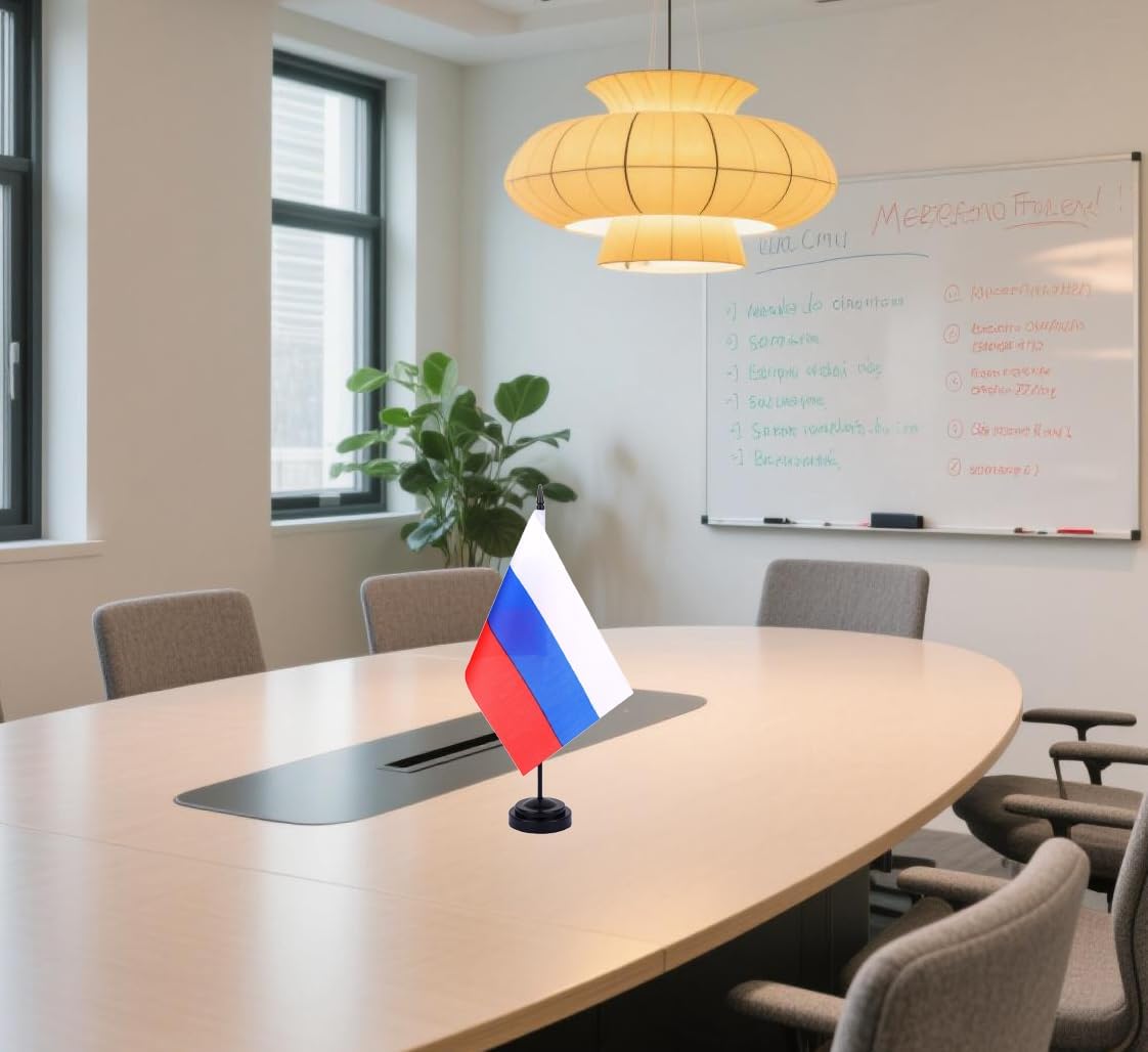 Russia Desk Flag 12" Solid Pole Deluxe Set Russians Flags Banner Mini Small Russia Office Table Flags with Black Stand Base Desktop Decorations(2Pack)