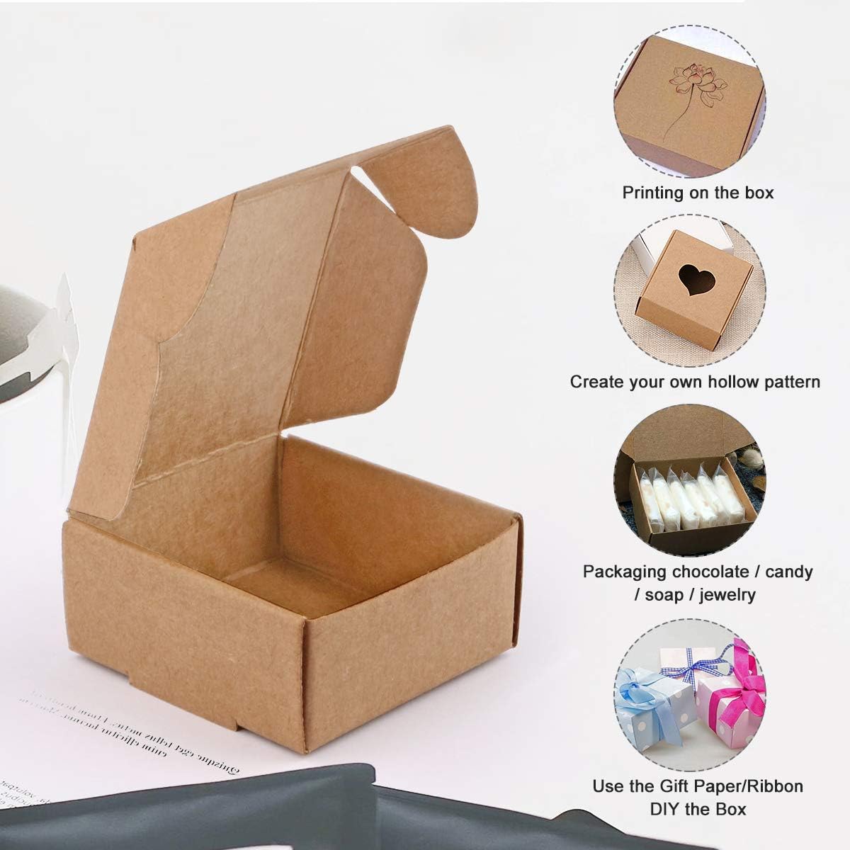 Sdootjewelry Mini Cardboard Boxes, 2.16"x 2.16" x 0.98" Mini Boxes, Jewelry Boxes Packaging 100 Packs, Brown Kraft Boxes for Ring Earrings