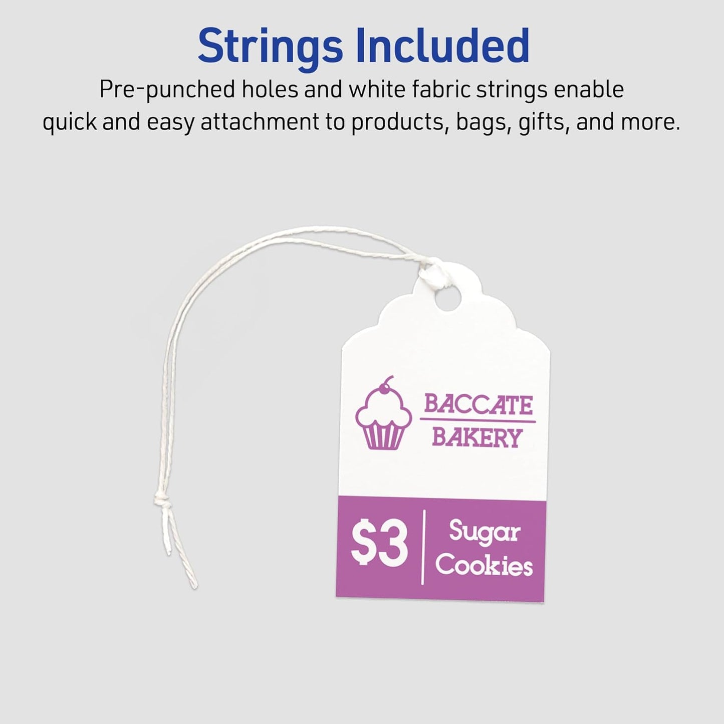 Avery Scalloped Printable Tags, Sure Feed Technology, 2" x 1.25", White, Includes String, Laser/Inkjet Printable, 180 Total, Great for Branding, Gifts, Merchandising, and More (22848)