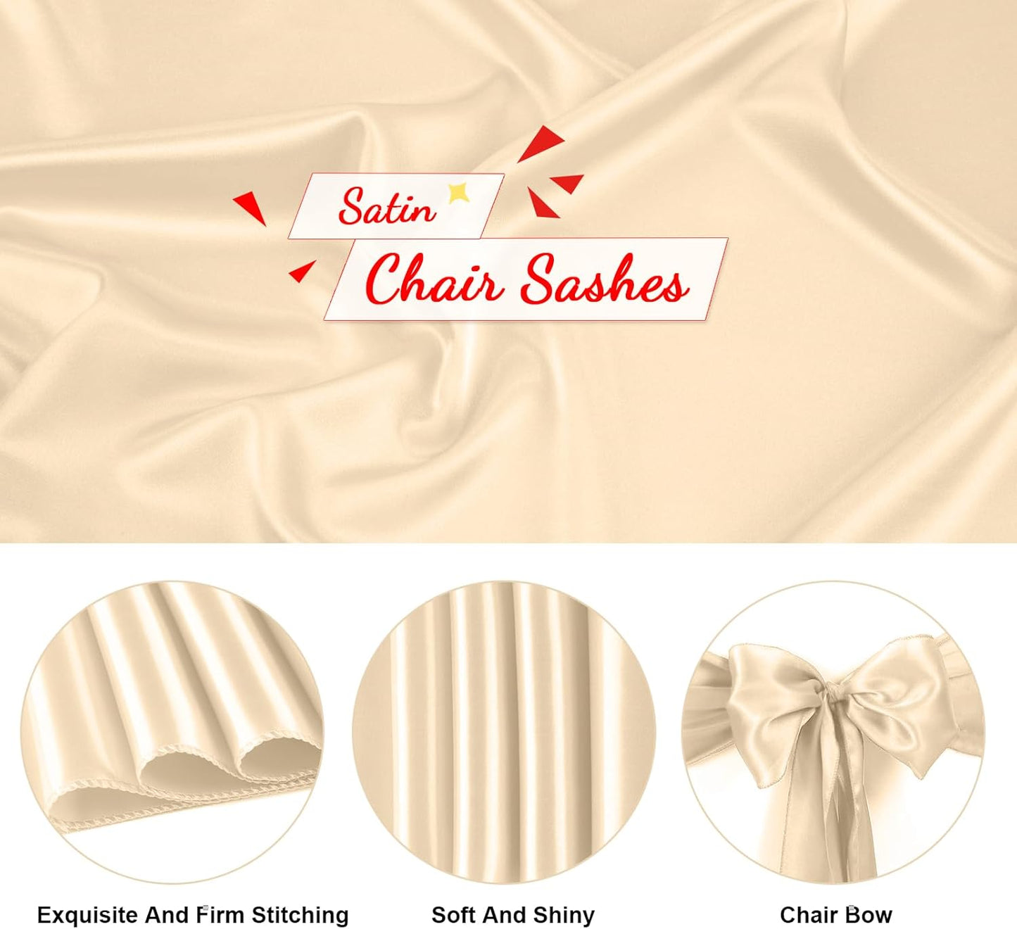 10 PCS Satin Chair Sashes Bows Universal Chair Ribbon Ties Back Sash for Wedding Party Reception Events Banquets Hotel Event Chair Cover Decoration (Champagne 7x108 inch)