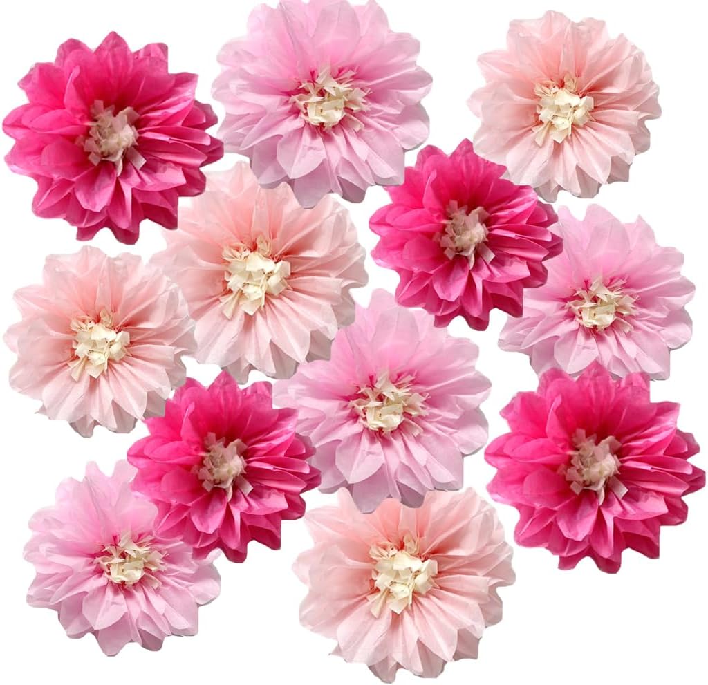 12pcs 8in 10in Paper Flowers Tissue Flowers Pom Paper Pom Poms Hanging Flowers Floral Backdrop Wedding Party Flower Decorations DIY Art Craft Blooms for Birthday Baby Shower Nursery Decor Pink