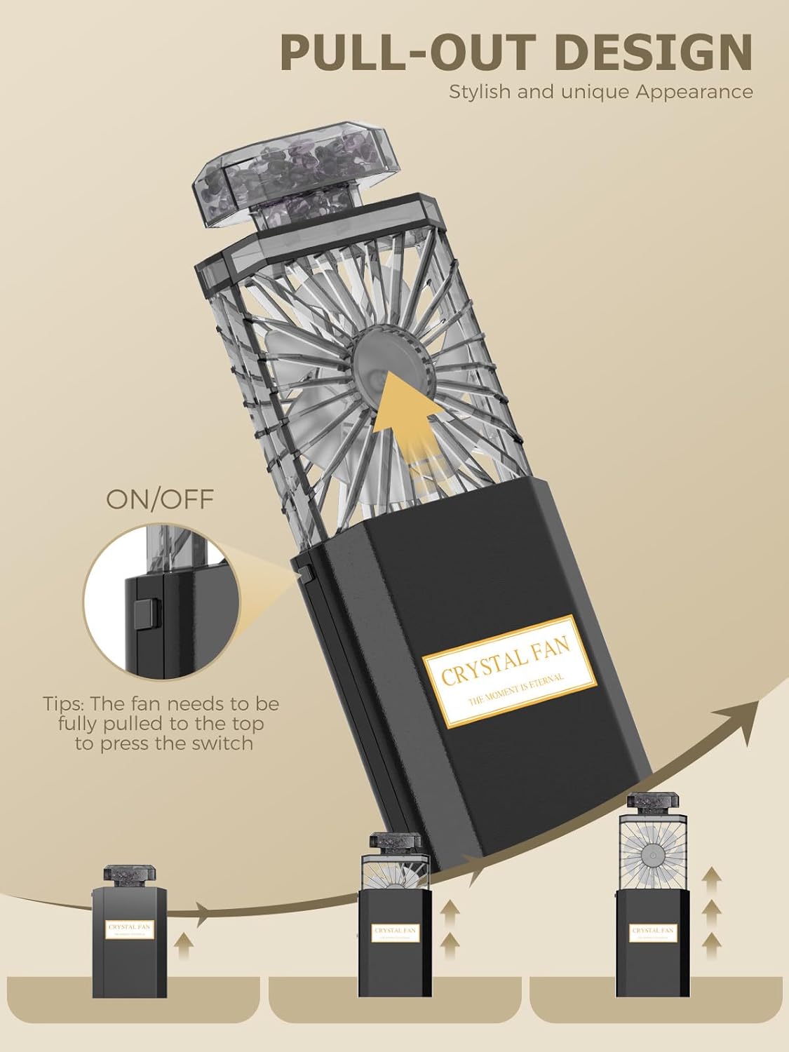 Lady Handheld Fan, Rechargeable Small Personal Fan with 3 Speeds Setting, Powerful Quiet Pull-out Portable Fan, Mini Cooling Desk Electric Fan Safe for Girls Woman Office School Working Home - Black