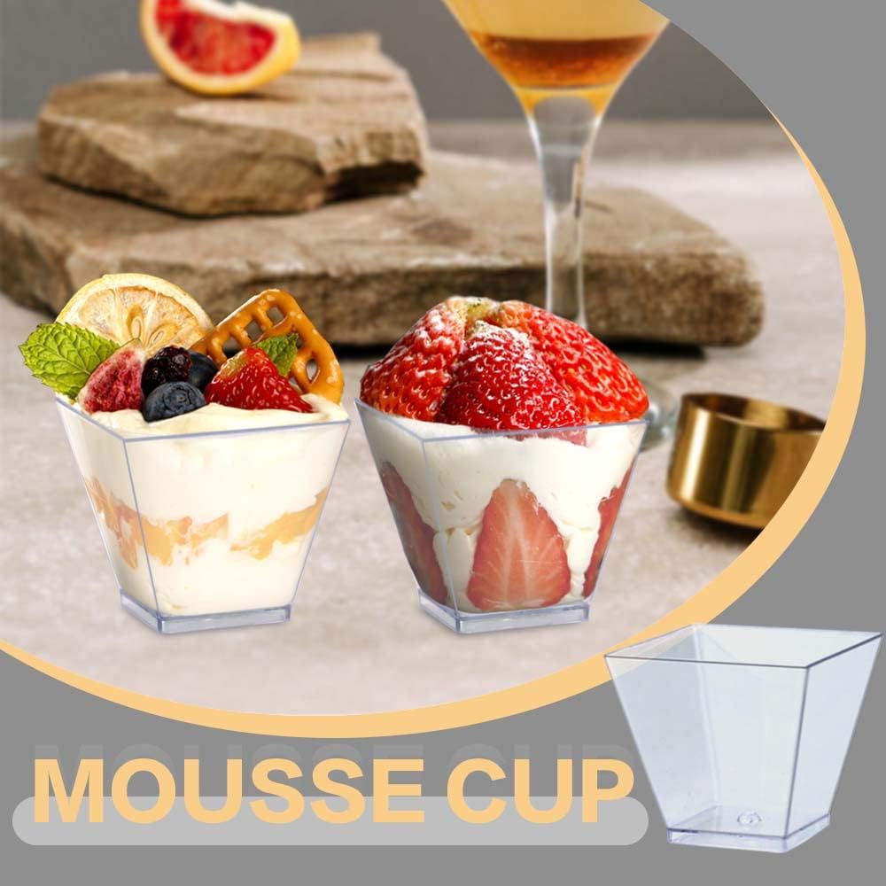 Oomcu 100 Pack 2oz Small Square Clear Plastic Dessert Cups – Mini Disposable Tumbler Cups for Ice Cream,Yogurt, Pudding, Chocolate, Mousse, Candies, Appetizers,Snack, Parfait, Charcuterie, Party