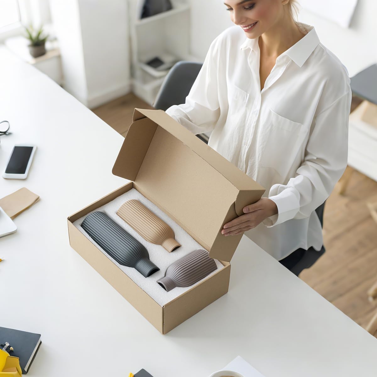 Modern Ceramic Vases Set of 3, Coffee Table Ribbed Decorative Vases, Shelf Table Centerpiece for Home Decor (Coffee Mix)