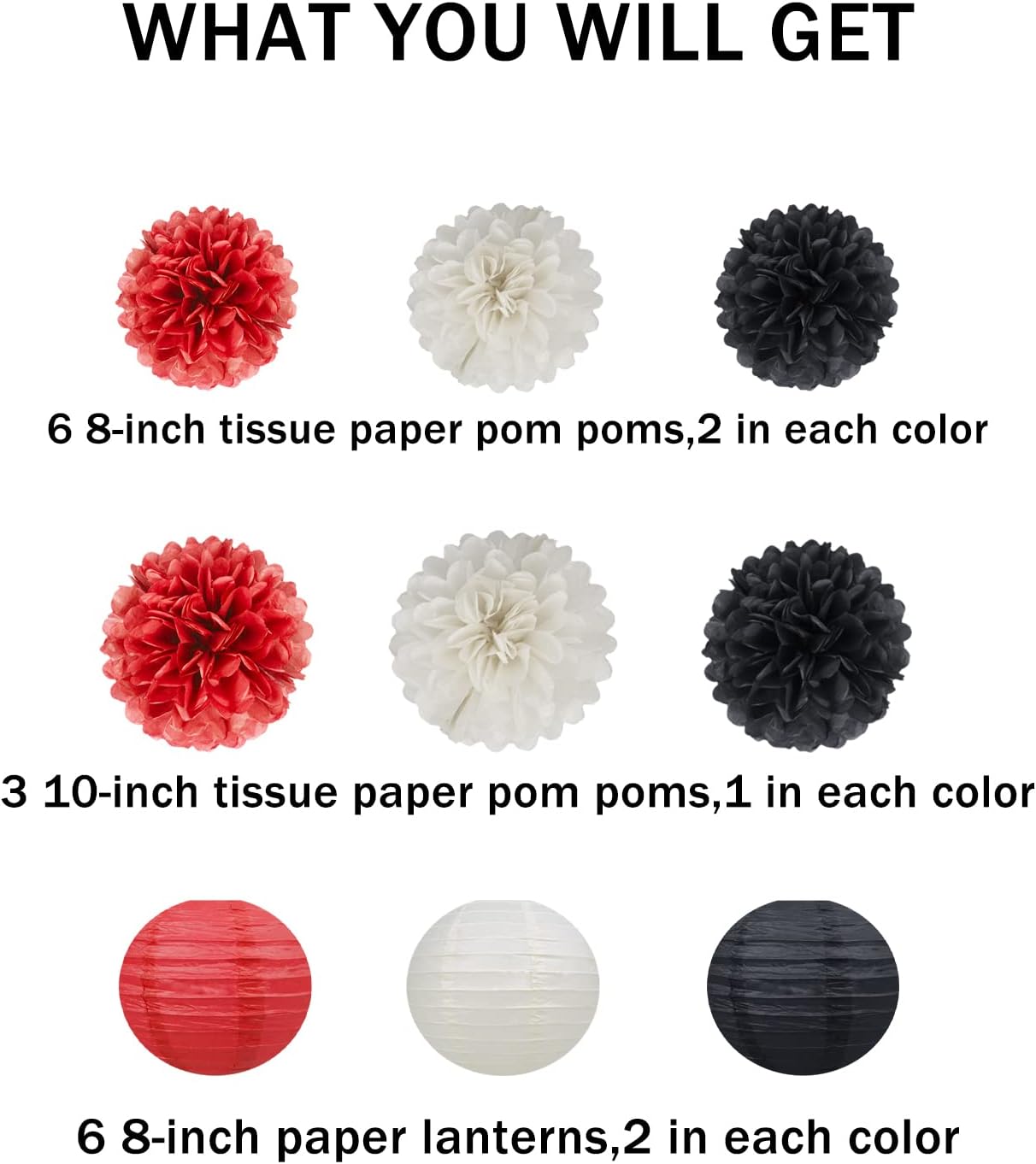 White Red Black Party Decorations - 15Pcs Tissue Paper Flower Pom Poms Lanterns Birthday Wedding Graduation Bachelorette Hanging Decor