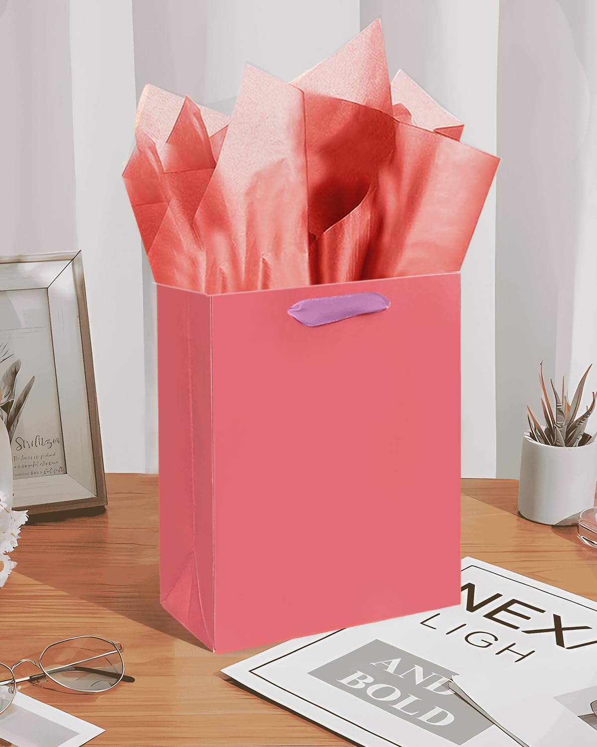 Gcardist Salmon Gift Bags with Tissue Paper for Wedding, Birthday, Party Supplies-7.9"x4.3"x9.6" Medium Size Cardboard Gift （16pcs Bags +32pcs Tissue Paper ）