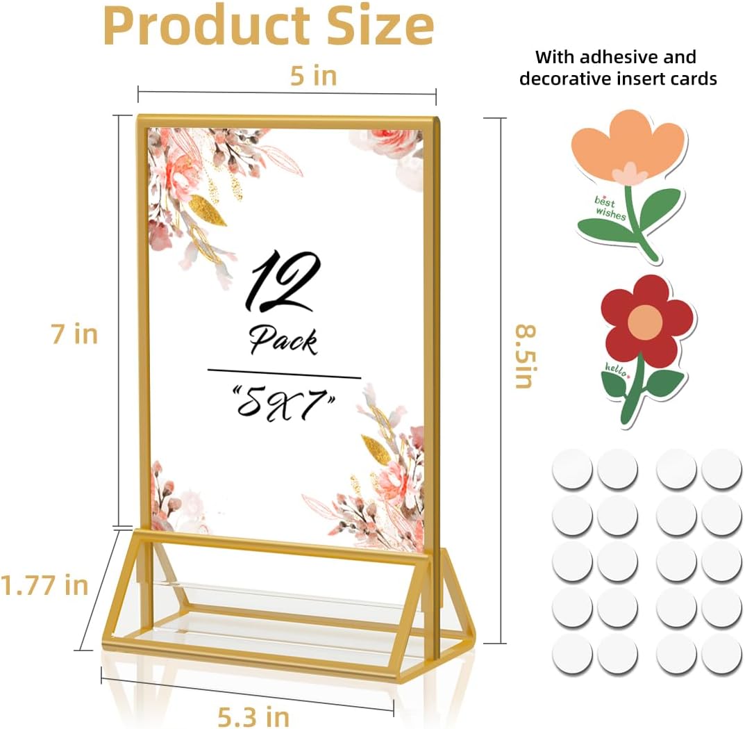 Gold Frames 5x7 Acrylic Sign Holder Double Sided Picture Frames for Wedding Table Number Menu Flyer Display for Office Home Party- Pack of 12