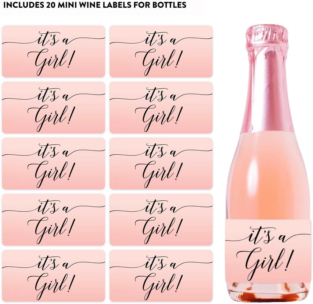Andaz Press Blush Pink Rose Elegant Party Baby Shower Collection, Waterproof Mini Champagne Wine or Milk Bottle Labels, It's a Girl!, 20-Pack, Party Favors Decor Gift Ideas