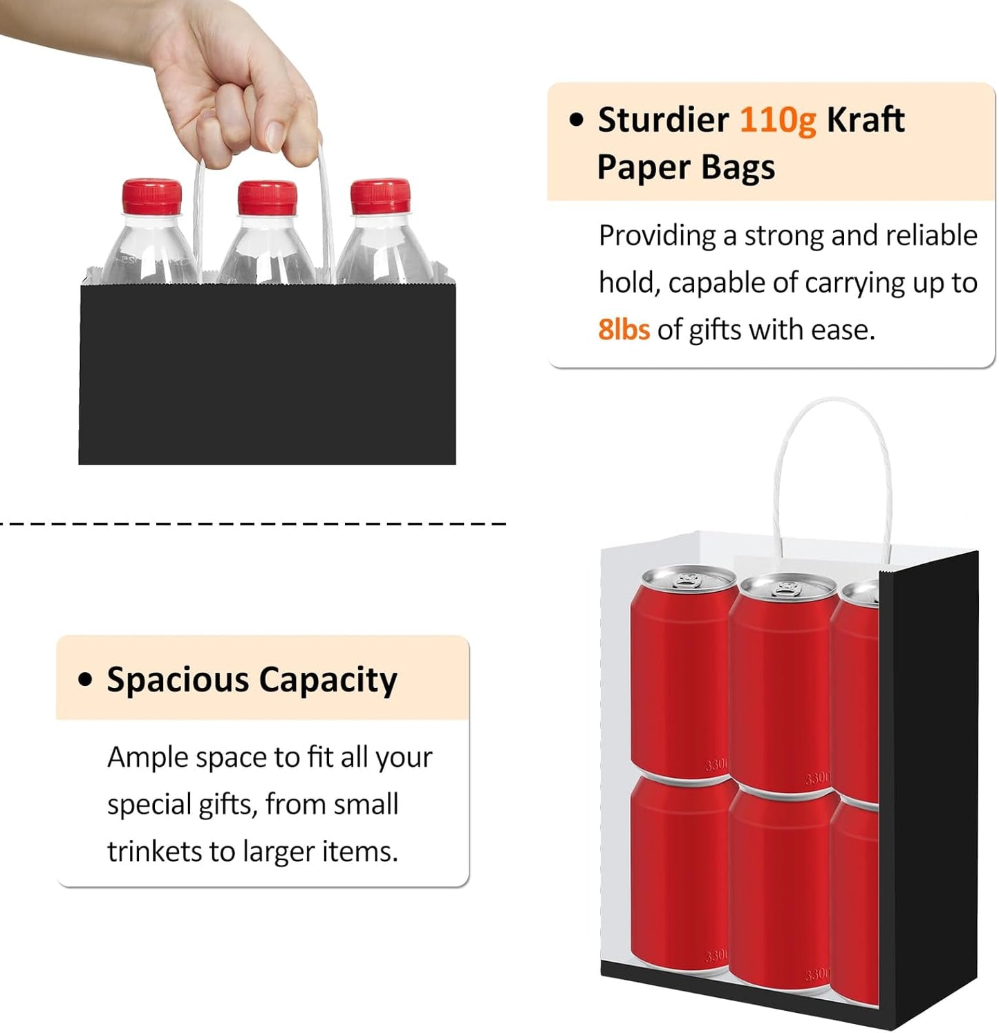 BagDream Black Gift Bags 8x4.25x10.5 100Pcs Kraft Paper Bags with Handles Bulk for Wedding, Party Favor, Grocery, Shopping, Retail, Merchandise Medium Paper Gift Sacks