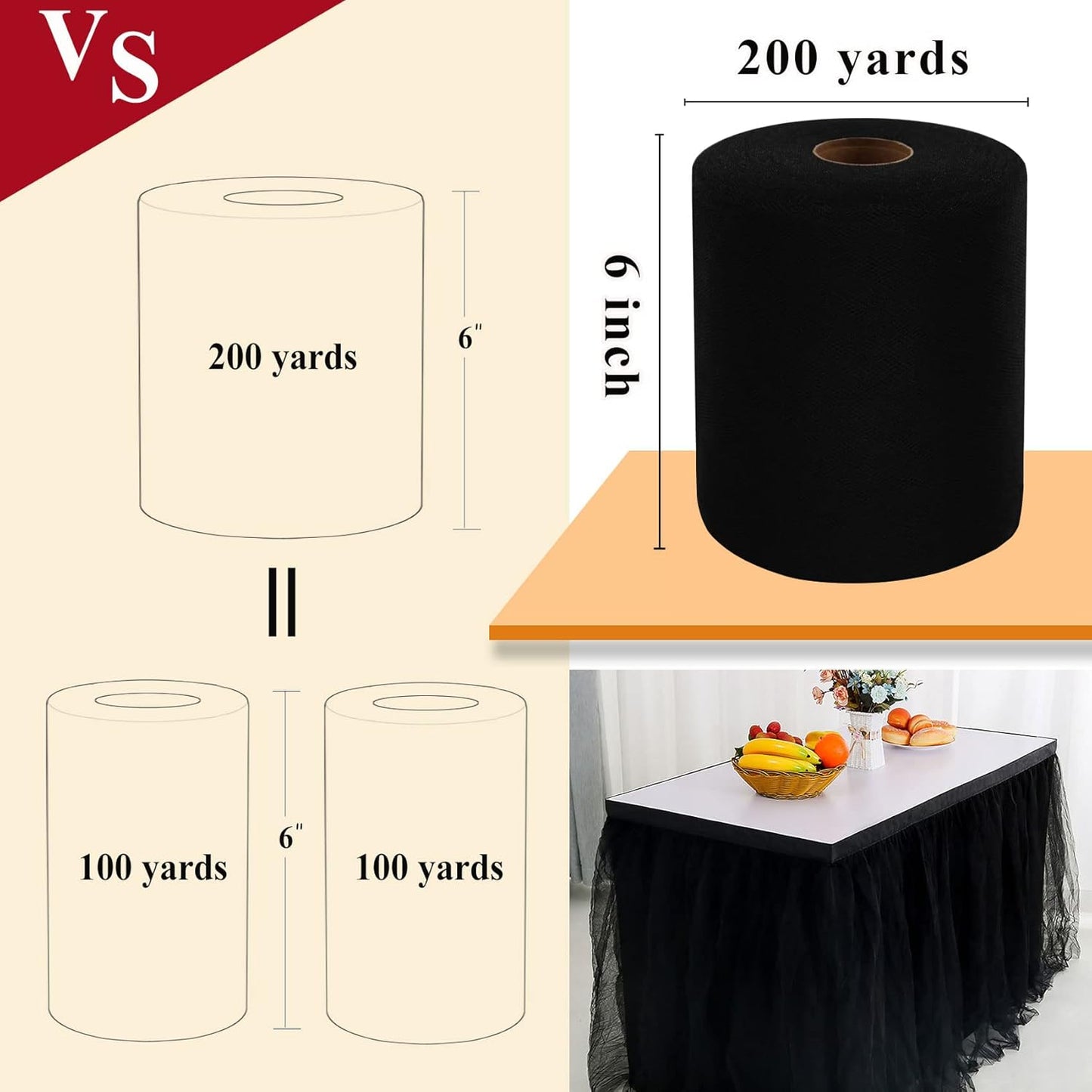 Black Tulle Fabric Rolls 6 Inch by 200 Yards (600 feet) Fabric Spool Tulle Ribbon for DIY Black Tutu Bow Baby Shower Birthday Party Wedding Halloween Decorations Craft Supplies