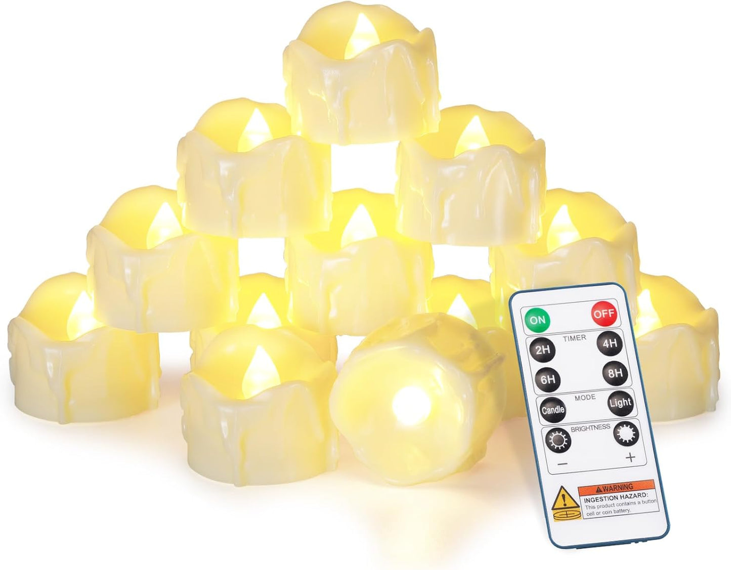 Homemory 12pcs Remote Timer LED Tea Lights Candles, 400+Hours Flickering Flameless Battery Votive Tealights for Tabletop Lighting, Centerpieces Decor, Holiday, White Base