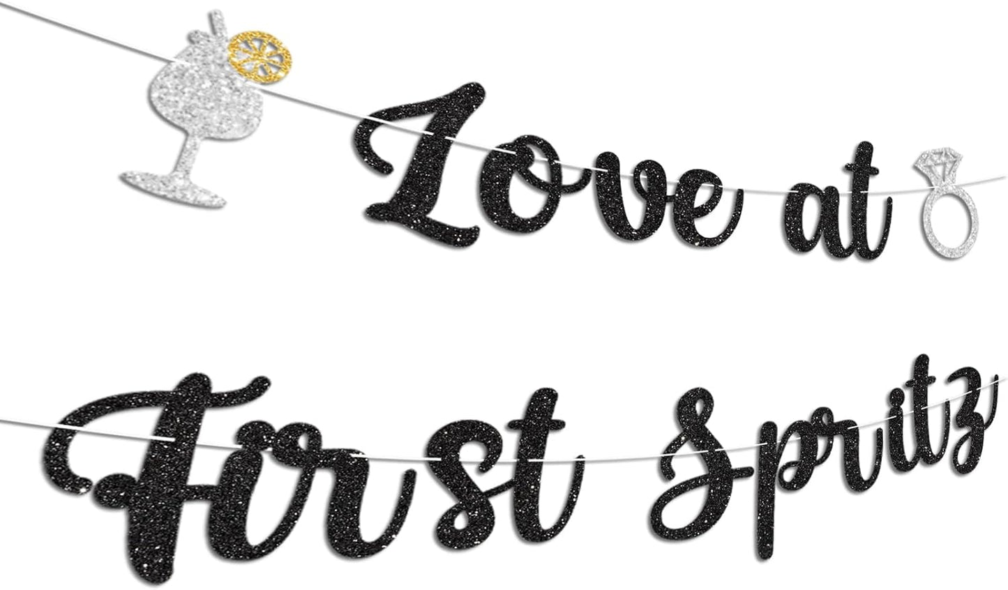 Love At First Spritz Wedding Banner - Bridal Shower Decorations, No Diy, Glitter Just Engaged Spritz Party Banners for Wedding/Engagement/Bachelorette Party Decorations Supplies, Black.