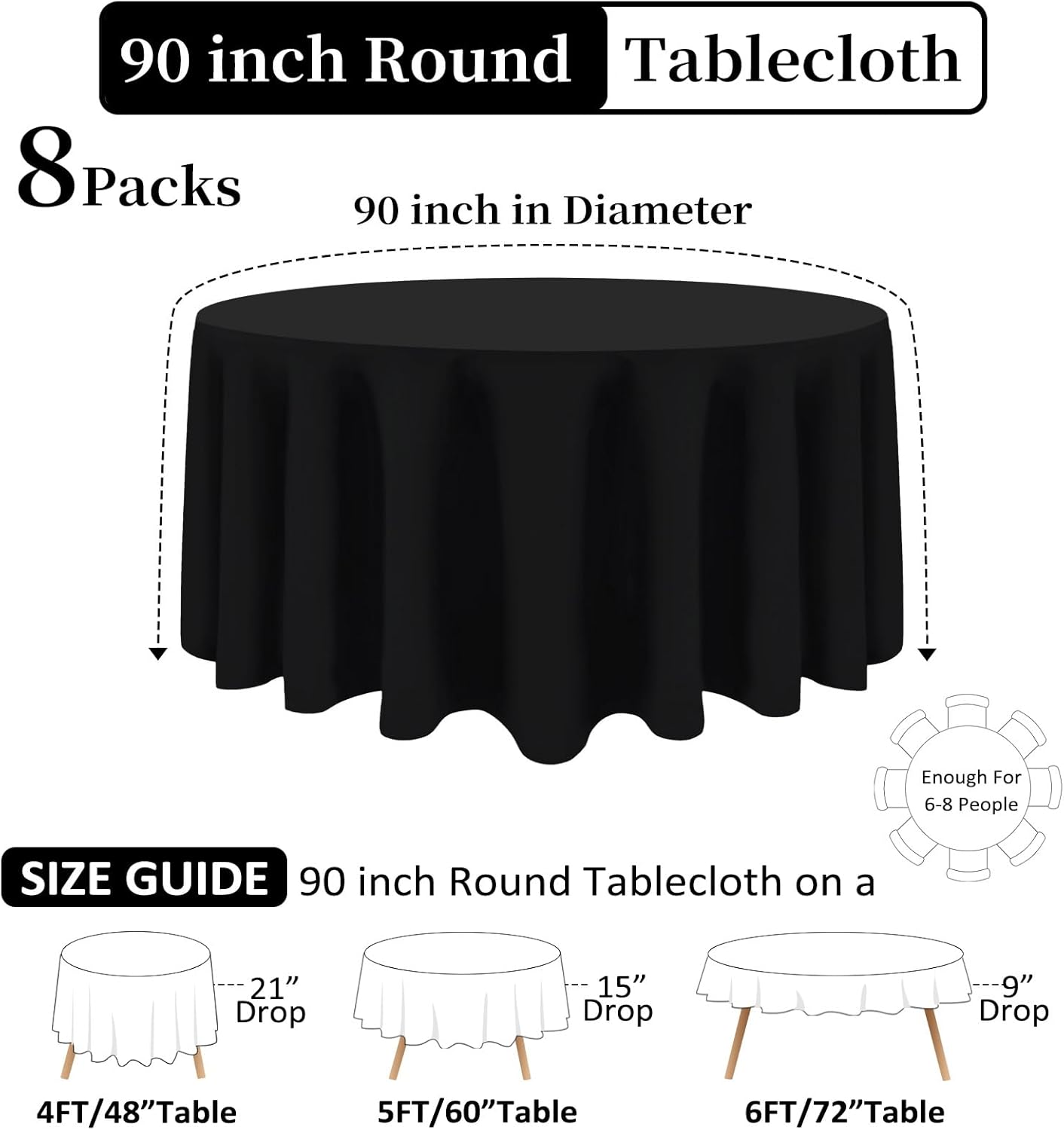 8 Pack Black Round Tablecloths 90 Inch Black Table Cloth Stain and Wrinkle Resistant Reusable and Washable Polyester Fabric for Buffet Wedding Party and Banquet