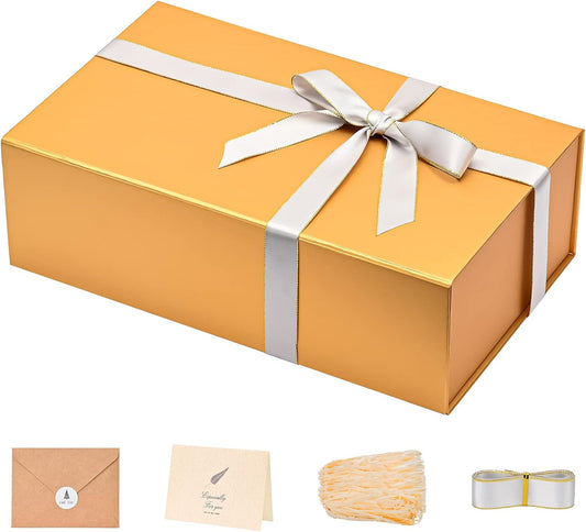 LIFELUM Gold Gift Boxes with Lids,1 Pack 13.85 x 8.35 x 4.45 inch Gift Box with Ribbon, Card, Shredded Paper Filler Gift Box for Valentine's day,Christmas,Birthdays, Bridal Gifts,Weddings