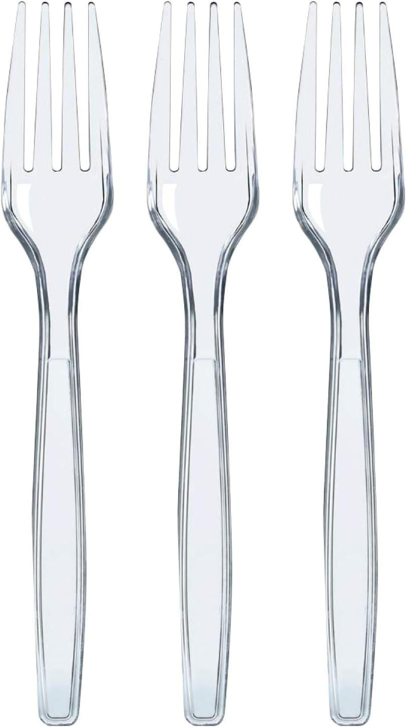 Prestee Clear Plastic Forks 100 Count - Heavy Duty Disposable Forks, Crystal Clear Silverware, Durable Plastic Utensils for Parties, Events, and Catering - Bulk Flatware Set for Any Occasion