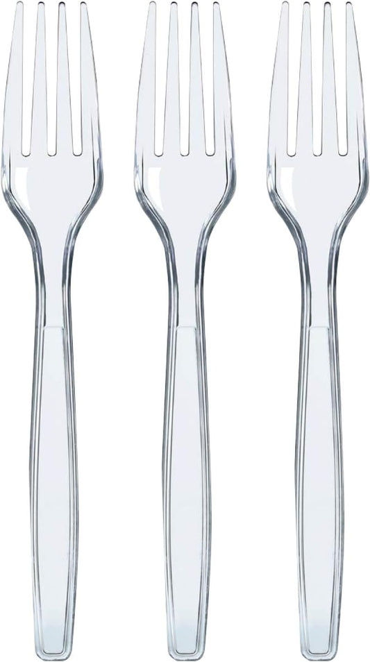 Prestee Clear Plastic Forks 100 Count - Heavy Duty Disposable Forks, Crystal Clear Silverware, Durable Plastic Utensils for Parties, Events, and Catering - Bulk Flatware Set for Any Occasion