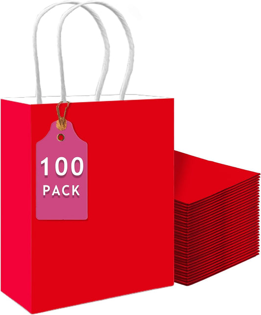 qiqee 100PCS Gift Bag with Handles Bulk Red Paper Bags Multiple Uses (13''x5 x10 inch Large Size)